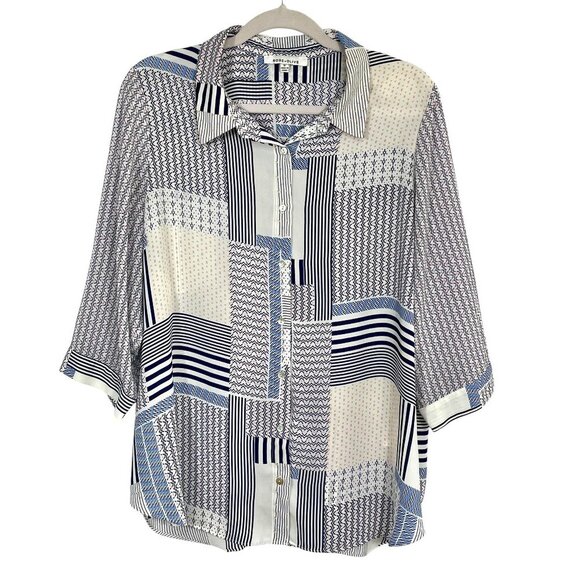 Rose+Olive Patchwork Button Down Shirt Collar 3/4 Sleeve Blouse Blue White 1X - Picture 1 of 13